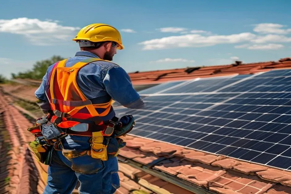 Illustration générée d’un contrôle technique de toiture photovoltaïque par un installateur